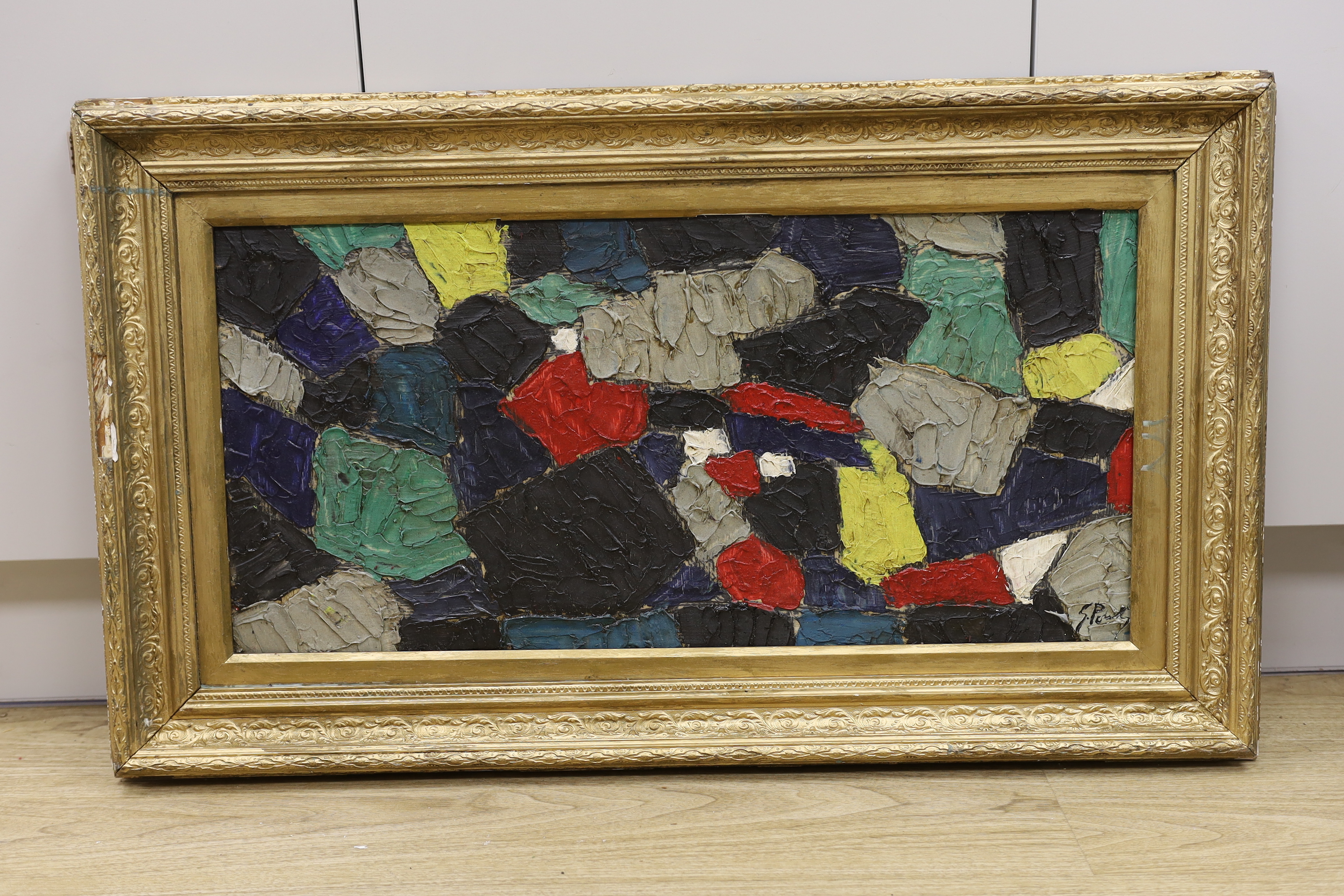 After Serge Poliakoff (1900-1969), impasto oil on board, Geometric shapes, 33 x 70cm